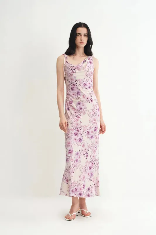 Alice Asymmetrical Cowl Neck Flora Dress in Mulberry Silk Crepe sold by Fabrique