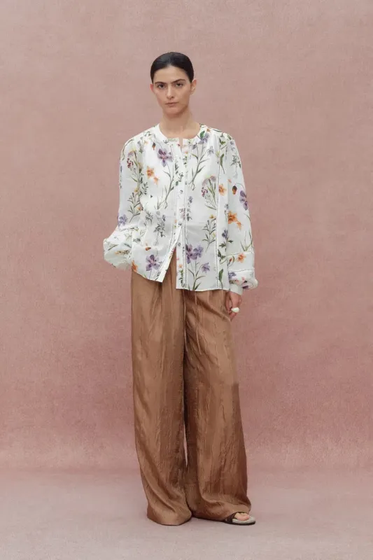 Perla Hand Painted Flora Blouse in Tencel-Ramie sold by Fabrique