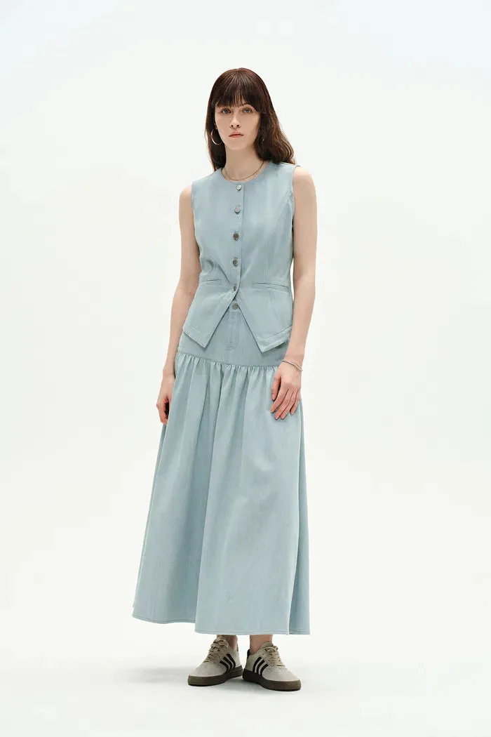 Elodie Denim Vest and Skirt Matching Set in Summer Denim sold by Fabrique