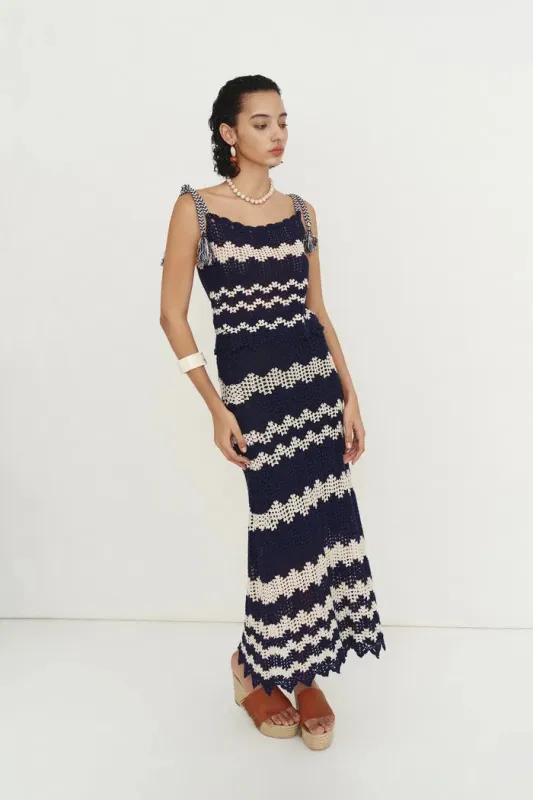 Cecilia Handcrafted Contrast Crochet Strap Sleeveless Top and Skirt Matching Set in Cotton-Linen Blend made by Fabrique