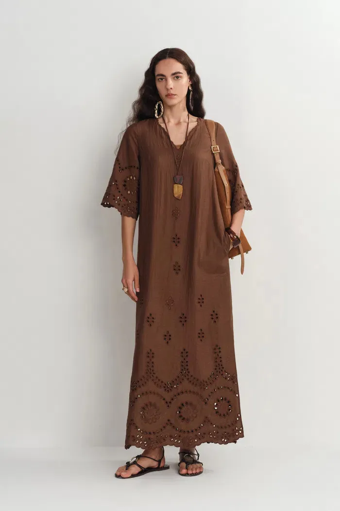 Sienna Embroidered Robe Dress in Linen Blend sold by Fabrique
