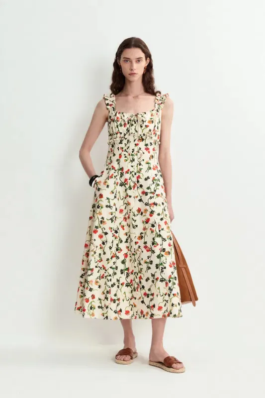 Fleur Rose Vine Ruffled Strap Midi Dress in Silk-Cotton sold by Fabrique