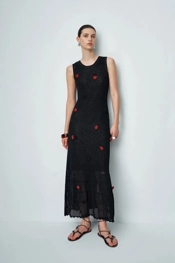 Ellie Black Sleeveless Floral Crochet Dress in Cotton Linen Knit sold by Fabrique product image thumbnail 3