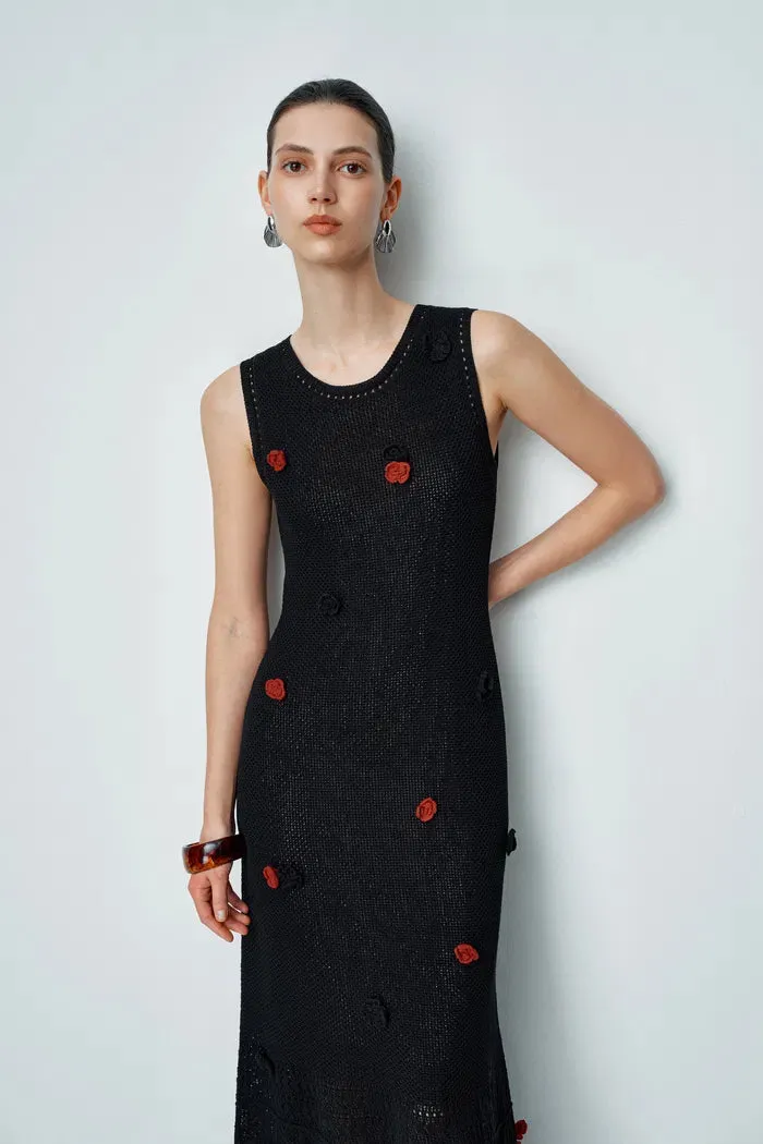 Ellie Black Sleeveless Floral Crochet Dress in Cotton Linen Knit sold by Fabrique product image thumbnail 5