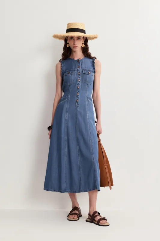 Amelia Scallop Buttoned Cinched Midi Dress in Cotton Linen Denim sold by Fabrique
