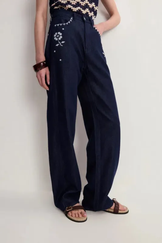 Fiona Floral Embroidered Straight Leg Jeans in Raw Denim made by Fabrique