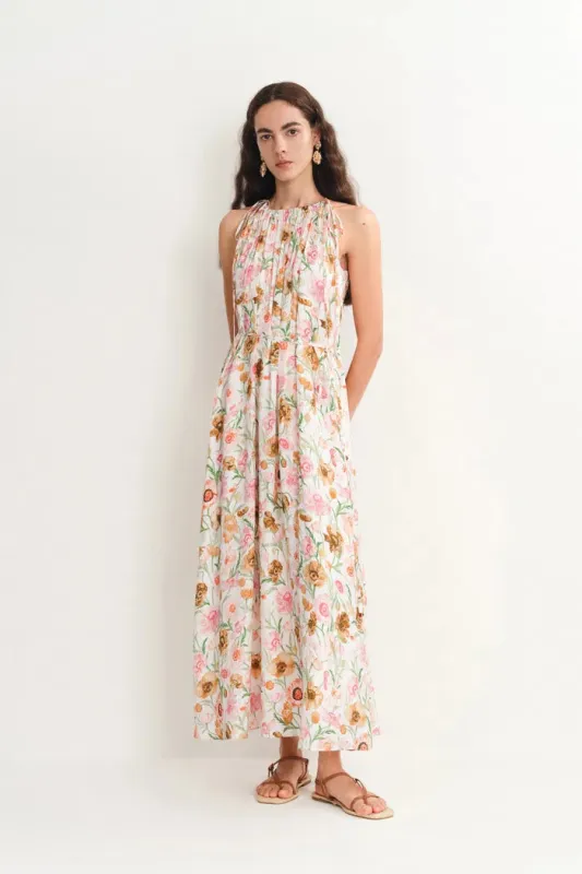 Alice Halter Neck Flora Maxi Dress in Pleated Silk Blend made by Fabrique