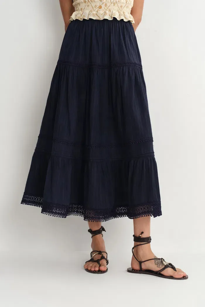 Sybilla Tiered Openwork Maxi Skirt in Cotton sold by Fabrique