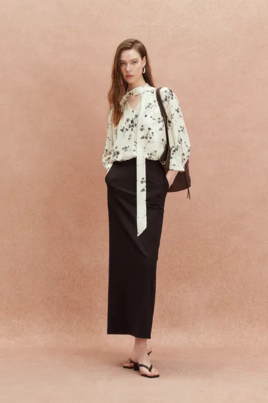 Brooke Hand Painted Flora Scarf Neck Blouse in Silk Blend Satin sold by Fabrique