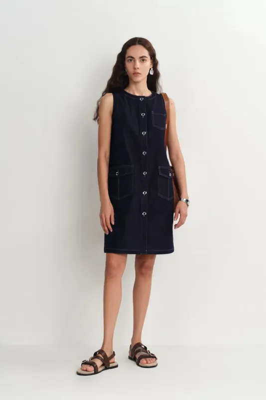 Cecilia Sleeveless Dress in Raw Denim sold by Fabrique