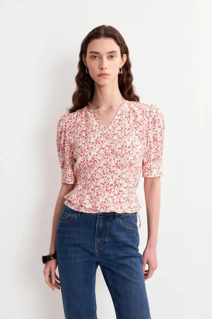 Irisa Floral Pink Blouse Top in Matte Mulberry Silk Crepe sold by Fabrique product image thumbnail 5