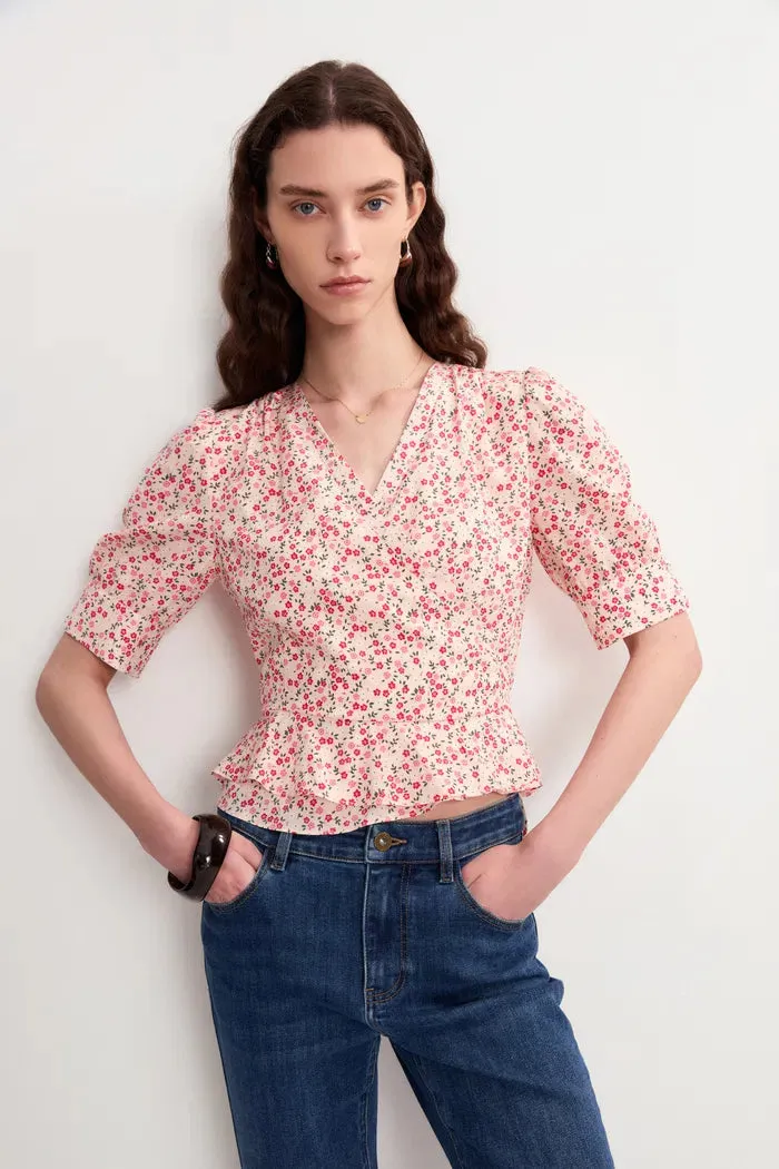 Irisa Floral Pink Blouse Top in Matte Mulberry Silk Crepe sold by Fabrique product image thumbnail 2