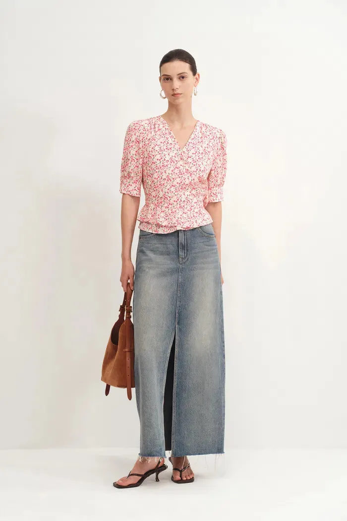 Irisa Floral Pink Blouse Top in Matte Mulberry Silk Crepe sold by Fabrique