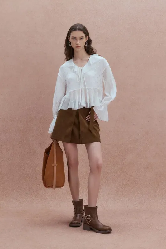 Louise Metallic Dots Ruffled Blouse in Mulberry Silk sold by Fabrique