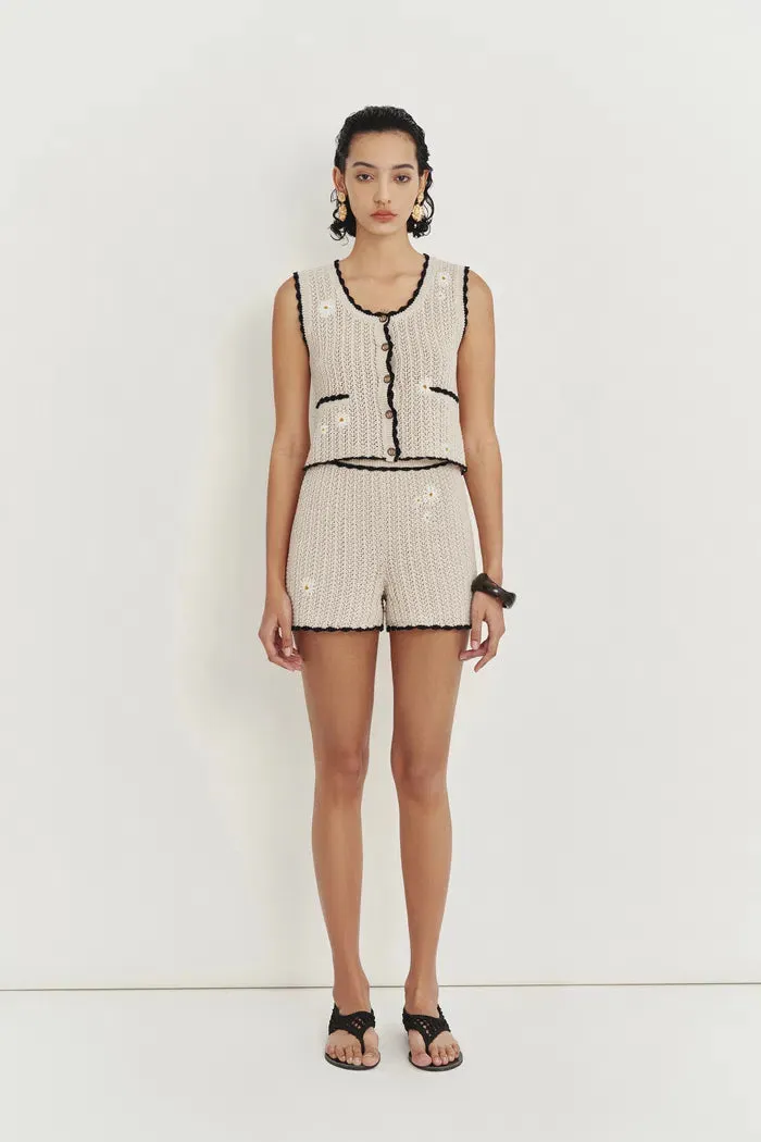 Gea Hand Embroidered Daisy Applique Crochet Shorts in Cotton-Linen Blend sold by Fabrique product image thumbnail 4