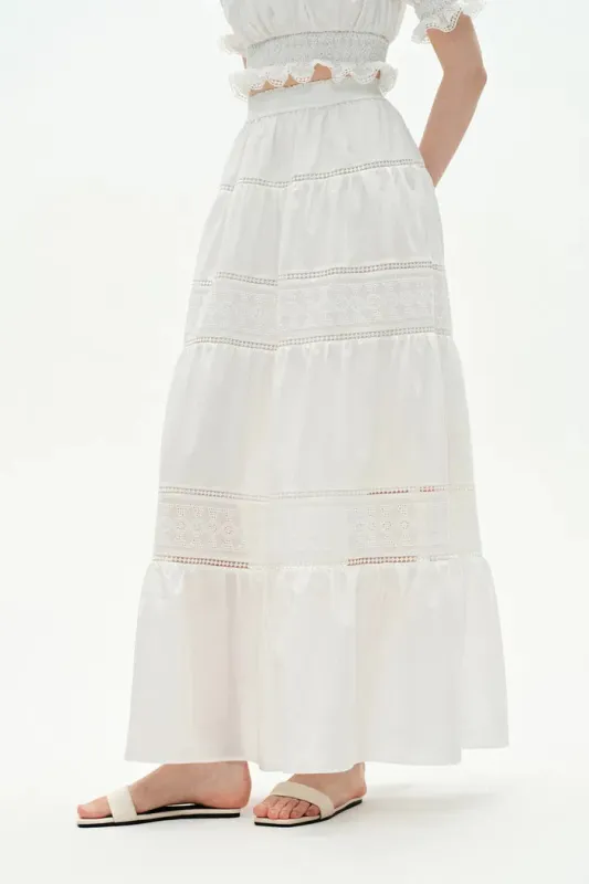 Oluka Openwork Embroidery A-Line Skirt in Silk-Cotton Blend sold by Fabrique