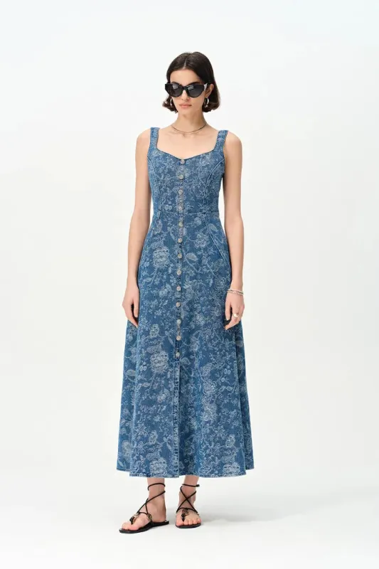 Ella Flora Laserwork Strap Maxi Dress in Cotton Denim made by Fabrique