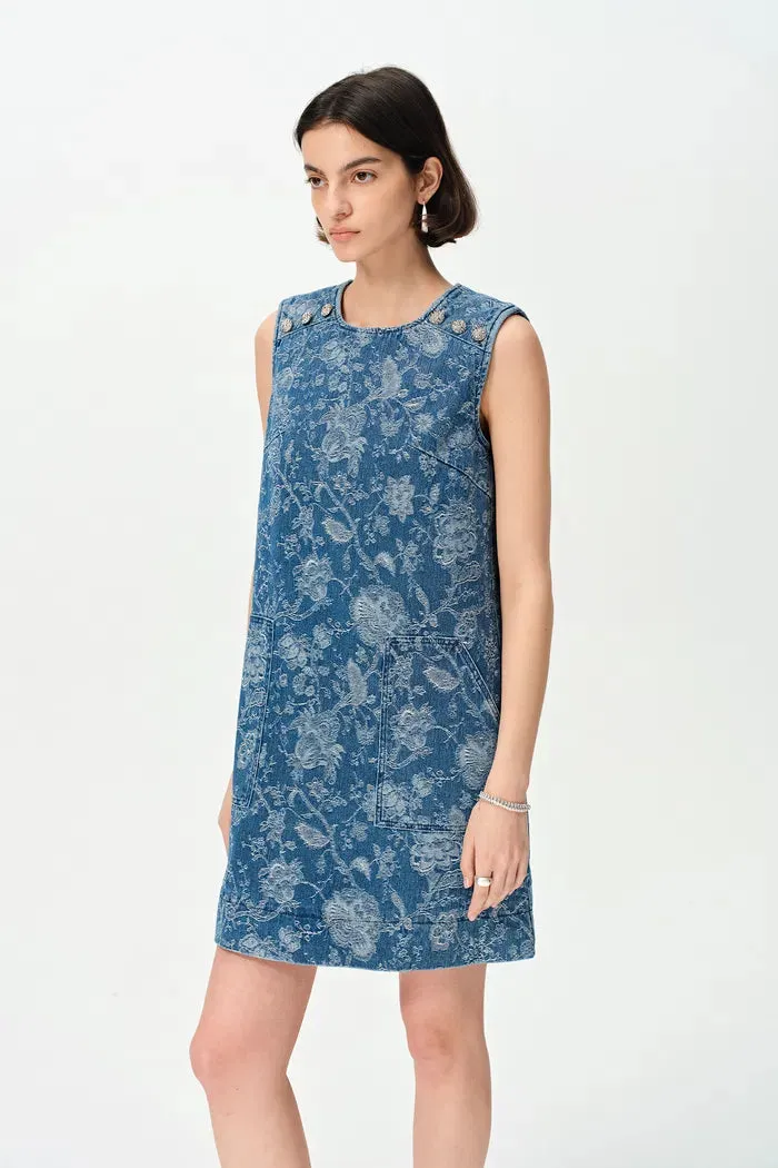 Iris Flora Laserwork Round Neck Short Dress in Cotton Denim sold by Fabrique product image thumbnail 5