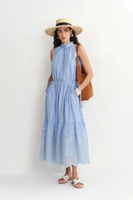 Irina Eyelet Embroidery Sleeveless Maxi Dress in Cotton sold by Fabrique