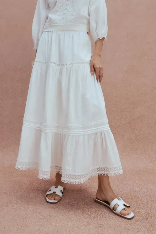 Sybilla Tiered Openwork Maxi Skirt in Cotton sold by Fabrique