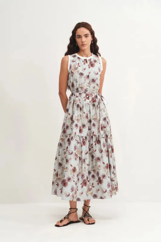Sabrina Ruffle Hand Painted Flora Print Dress in Silk Cotton sold by Fabrique