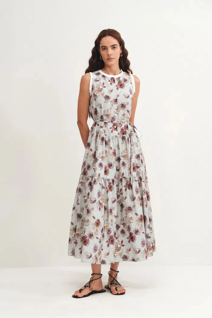Sabrina Ruffle Hand Painted Flora Print Dress in Silk Cotton sold by Fabrique