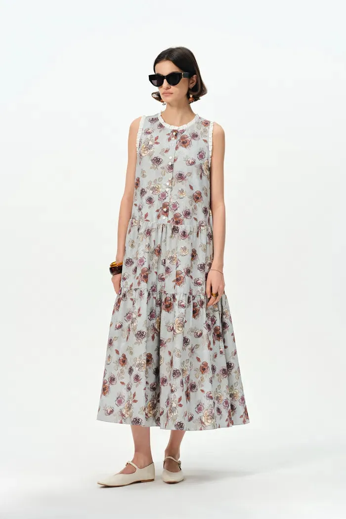 Sabrina Ruffle Hand Painted Flora Print Dress in Silk Cotton sold by Fabrique product image thumbnail 4