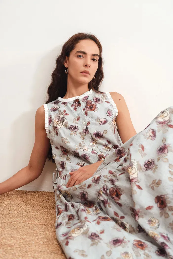 Sabrina Ruffle Hand Painted Flora Print Dress in Silk Cotton sold by Fabrique product image thumbnail 2