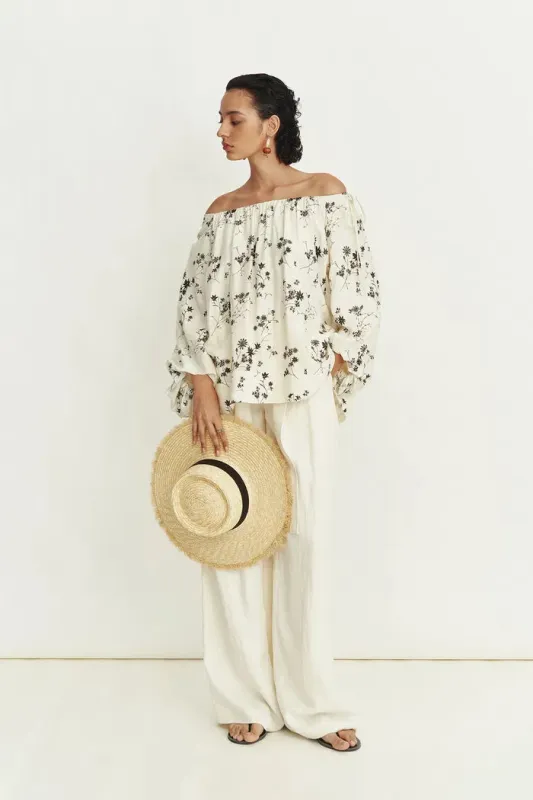 Quillie Hand Painted Print Off Shoulder Long Sleeve Blouse Top in Silk Twill sold by Fabrique