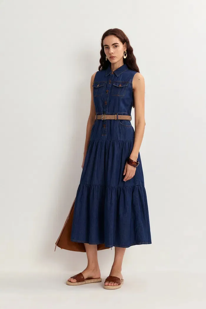 Mila Pocketed Tiered Dress in Cotton Denim sold by Fabrique product image thumbnail 3