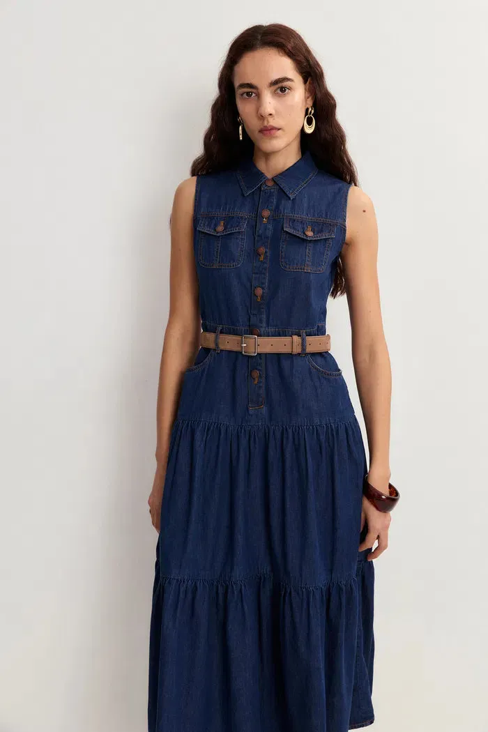 Mila Pocketed Tiered Dress in Cotton Denim sold by Fabrique product image thumbnail 4