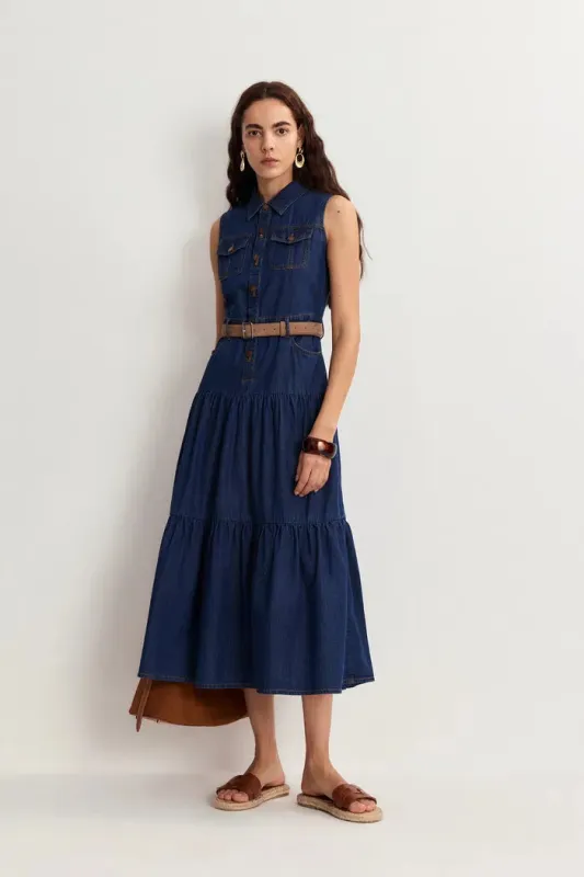 Mila Pocketed Tiered Dress in Cotton Denim sold by Fabrique
