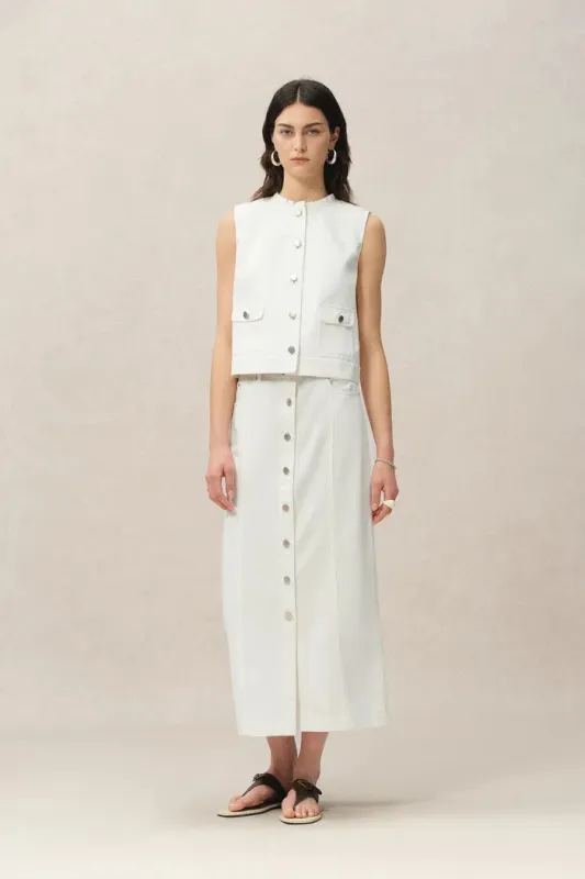 Ivan Ruffled Denim Vest in Technical Lyocell Denim sold by Fabrique