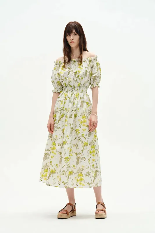 Ellie Off Shoulder Hand Painted Flora Midi Dress in Silk Cotton sold by Fabrique