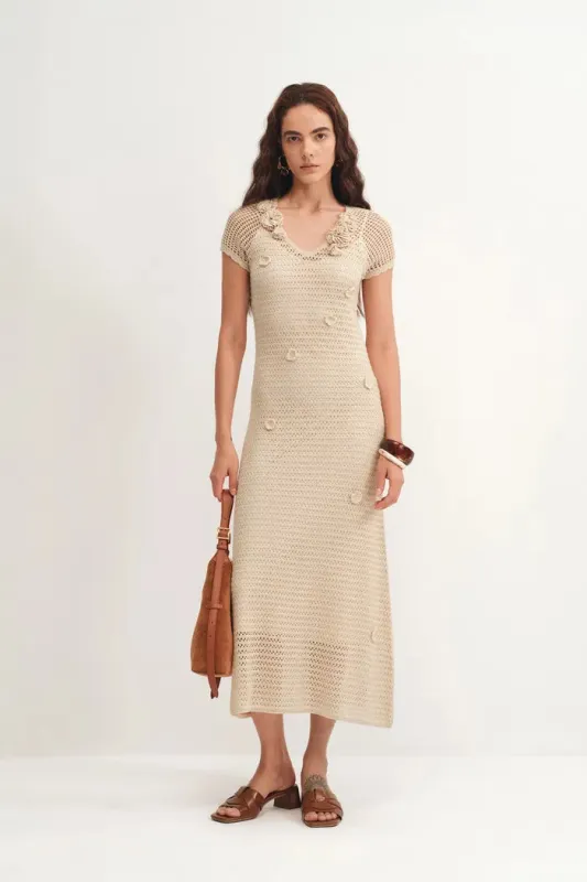 Arali Hand Crocheted Floral Applique Dress in Lyocell Cashmere sold by Fabrique