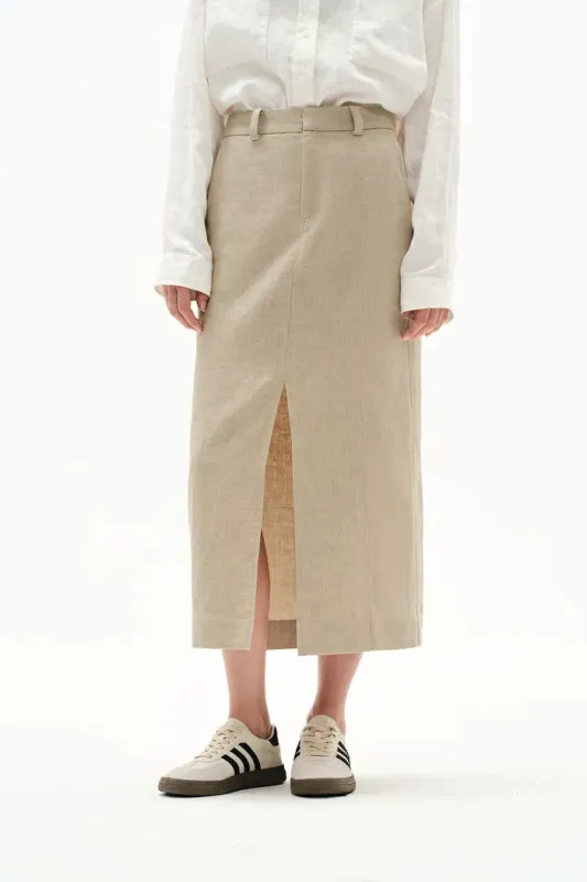 Lauren High Rise Midi Skirt in Dew Retted French Linen sold by Fabrique