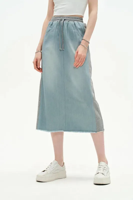 Elvin Patchwork Midi Skirt in Cotton Denim sold by Fabrique
