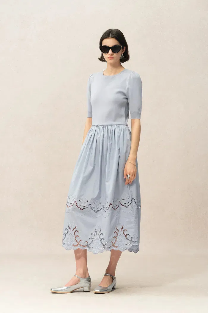 Amy Mixed Fabric Dress in Tencel-Silk and Poplin sold by Fabrique