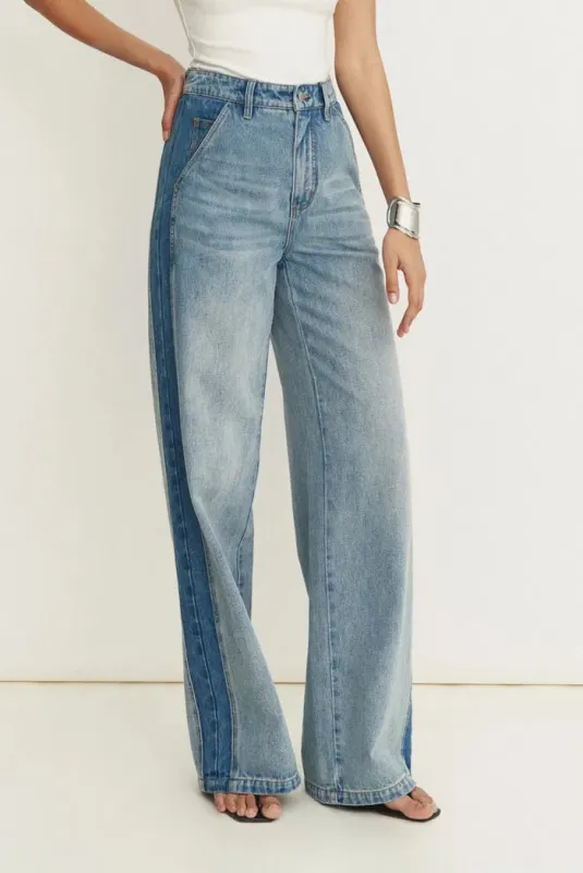 Clarisse Two Tone Mixed Fabric Jeans in Cotton Denim sold by Fabrique
