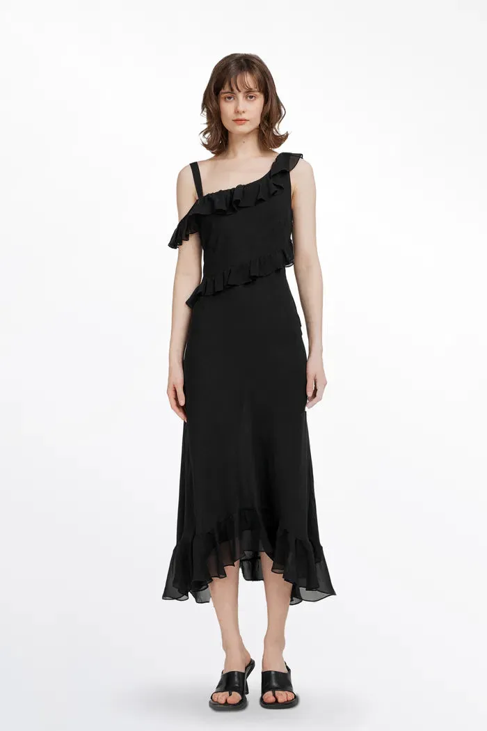 Calla Asymmetrical Ruffle Dress in Georgette Silk sold by Fabrique