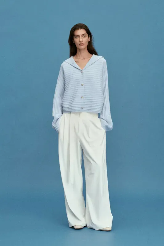 Charlotte Blue Turtleneck Cardigan in Merino Wool-Cashmere Rib Knit sold by Fabrique