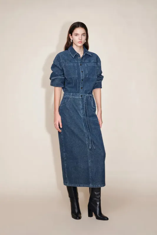 Quinn Antique Style Metal Buttons Dress in Washed Stretchy Corduroy sold by Fabrique