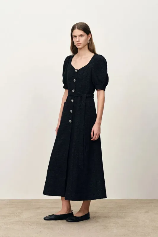 Sofia Puffy Sleeves Maxi Dress in Lightweight Tweed Blend sold by Fabrique