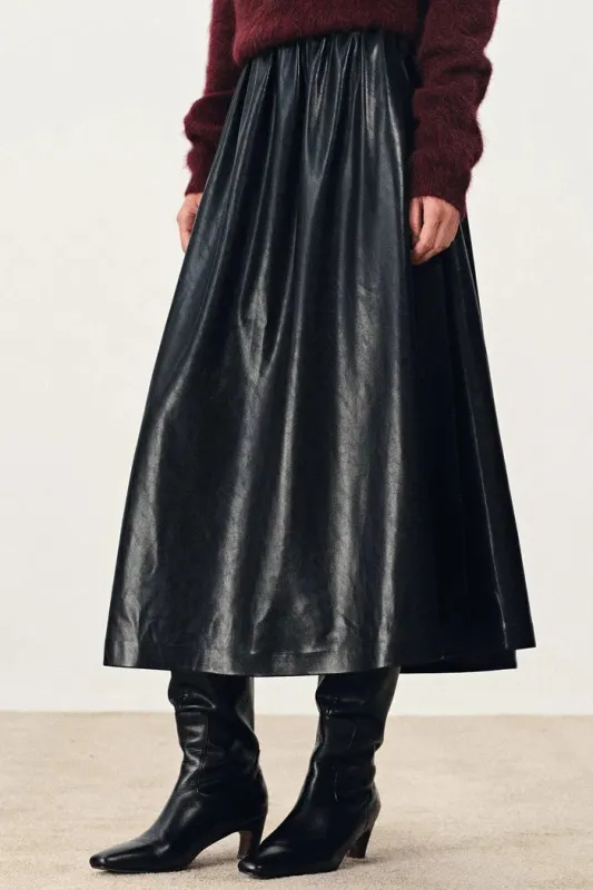 Emma Pleated Waist Leather Skirt in Faux Leather sold by Fabrique
