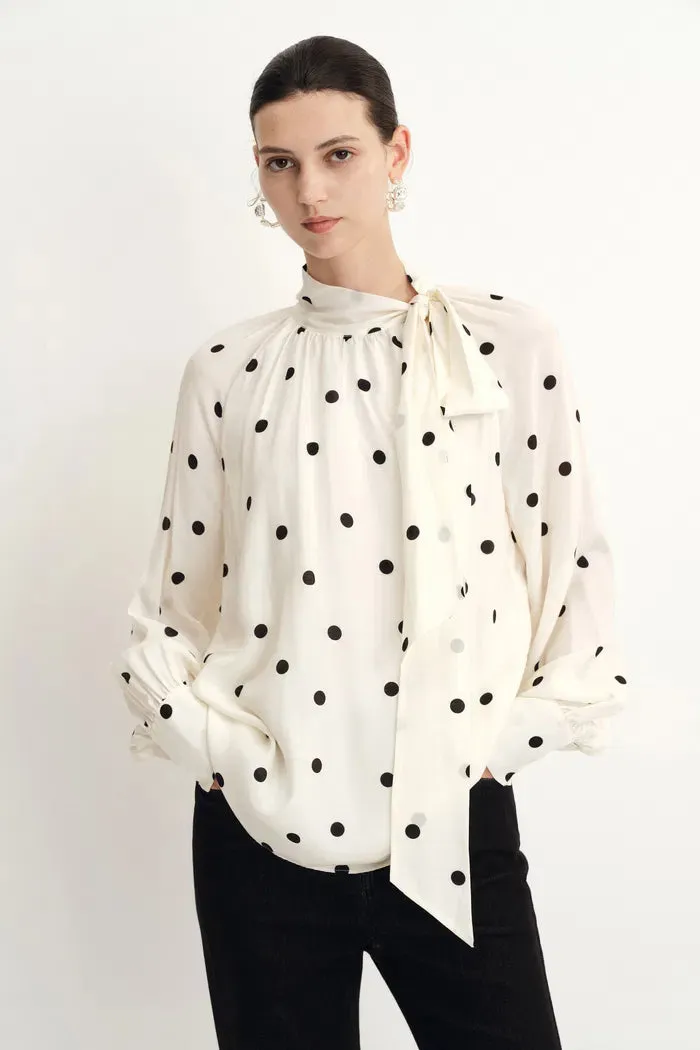Kari Irregular Polka Dot Flowing Tie Blouse in Silk Satin sold by Fabrique product image thumbnail 2