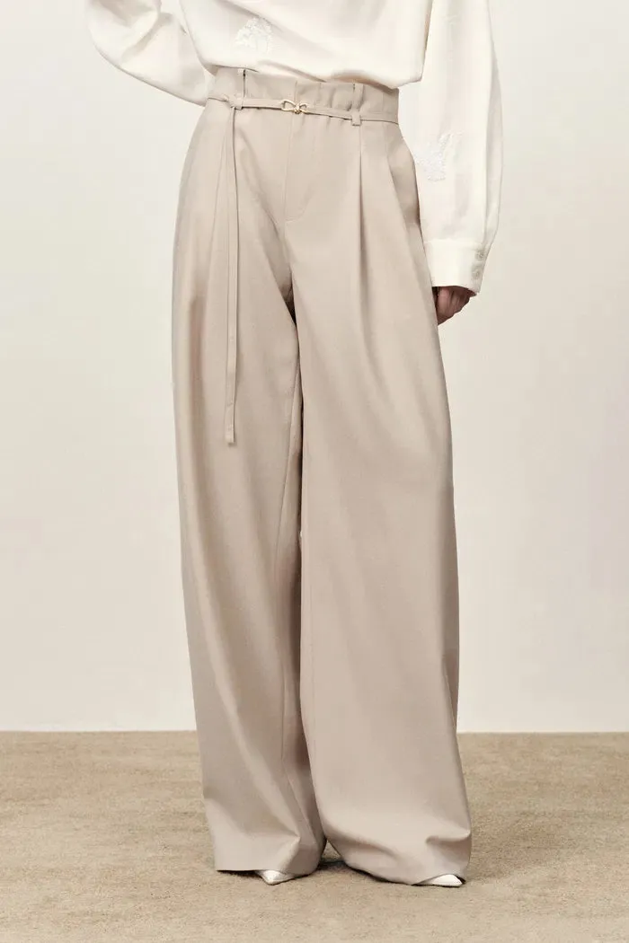 Halley Tie Waist Wide Leg Suit Pants in Wrinkle Resistant Suiting Fabric sold by Fabrique