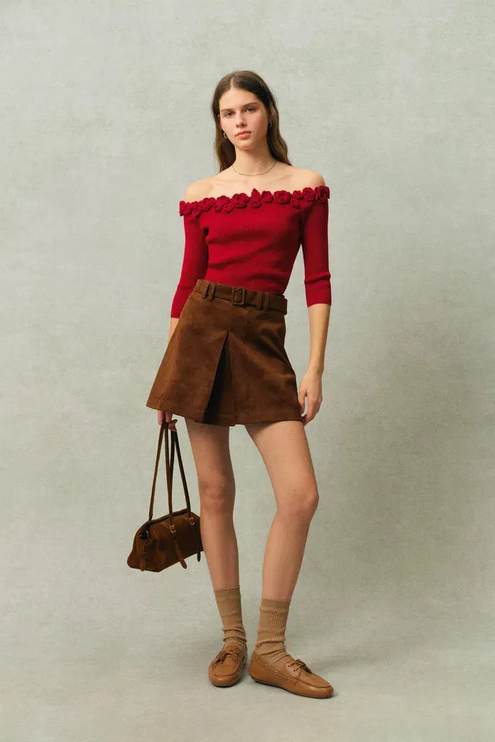 Giulietta 3D Floral One Shoulder Short Sleeve Knit Top in Triacetate sold by Fabrique product image thumbnail 3