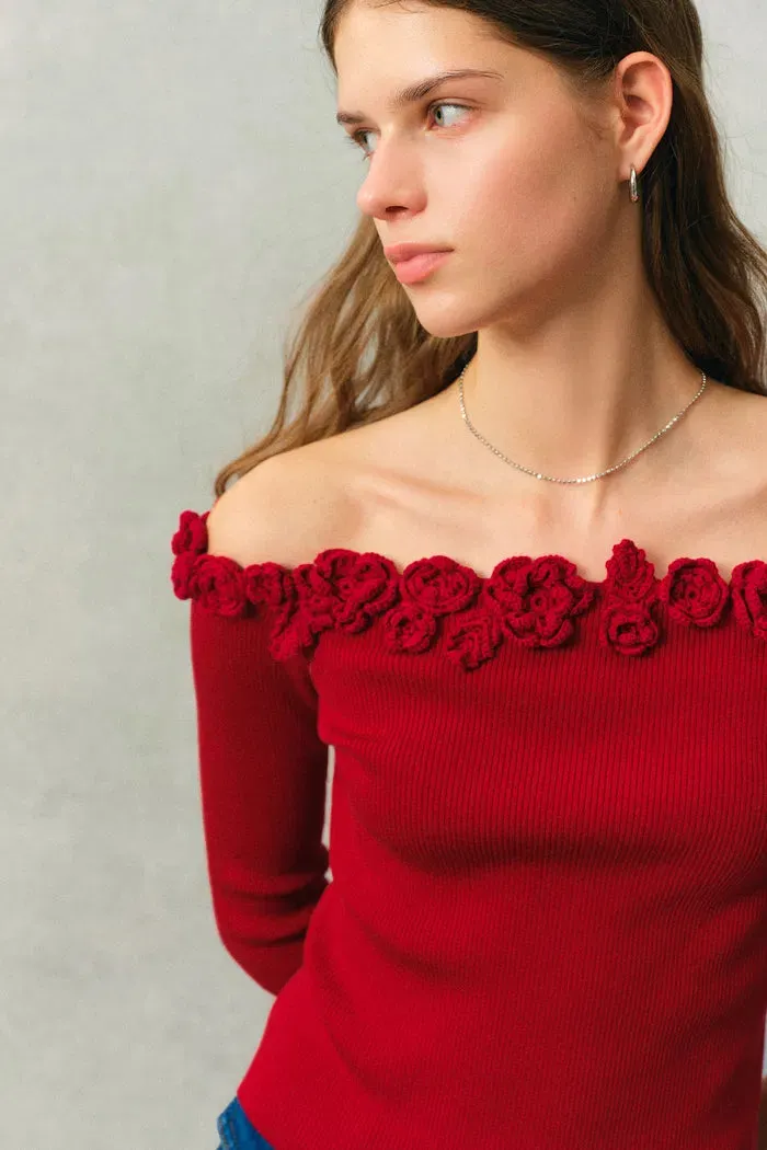 Giulietta 3D Floral One Shoulder Short Sleeve Knit Top in Triacetate sold by Fabrique product image thumbnail 4