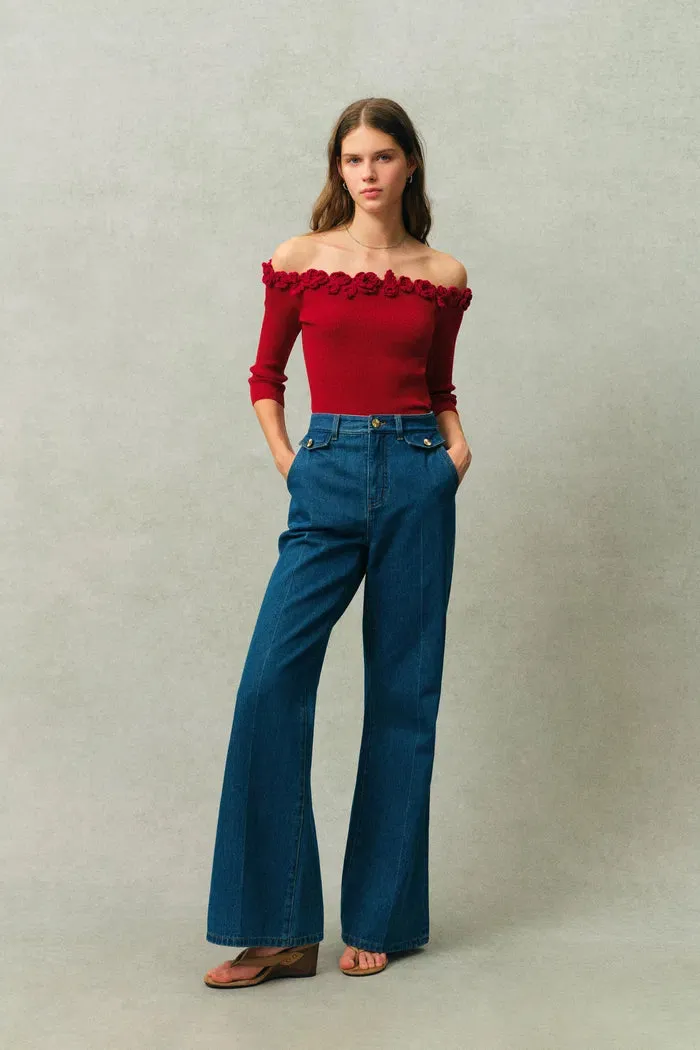 Giulietta 3D Floral One Shoulder Short Sleeve Knit Top in Triacetate sold by Fabrique