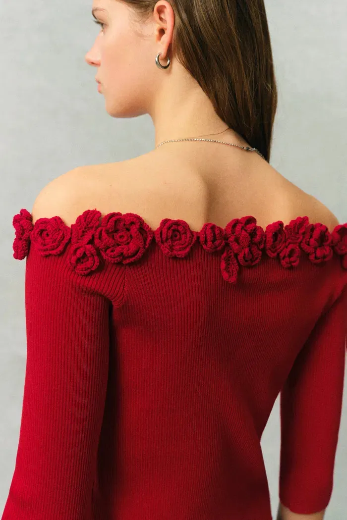 Giulietta 3D Floral One Shoulder Short Sleeve Knit Top in Triacetate sold by Fabrique product image thumbnail 5